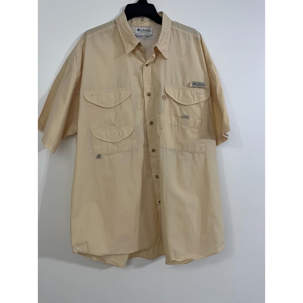 Columbia PFG Fishing Shirt Men's XL Khaki Vented Short Sleeve Cotton Button Up